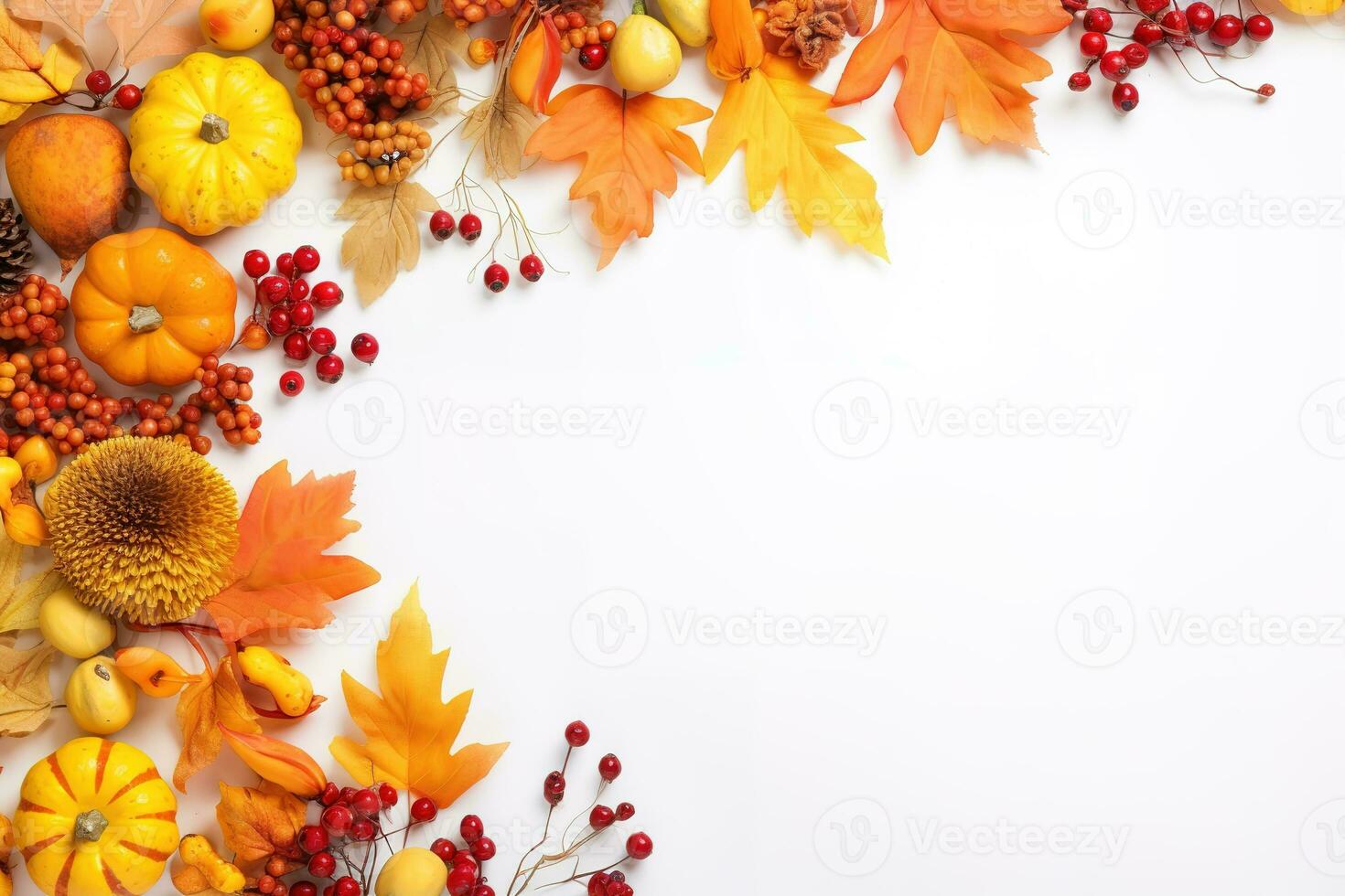 Herbst Komposition. Eberesche Beeren, getrocknet Blätter, Kürbisse, und Blumen auf Weiß Hintergrund. Herbst, fallen, Halloween, das Erntedankfest Tag Konzept. Aussicht von das Spitze, mit Text Raum. generativ ai foto