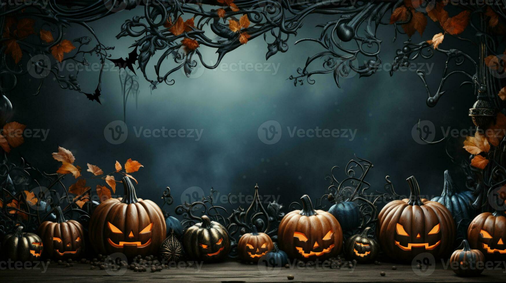 schön Halloween Hintergrund mit Kürbisse, Fledermäuse, Spinnen und lila Herbst Blätter und Raum zum Text. generativ ai, foto