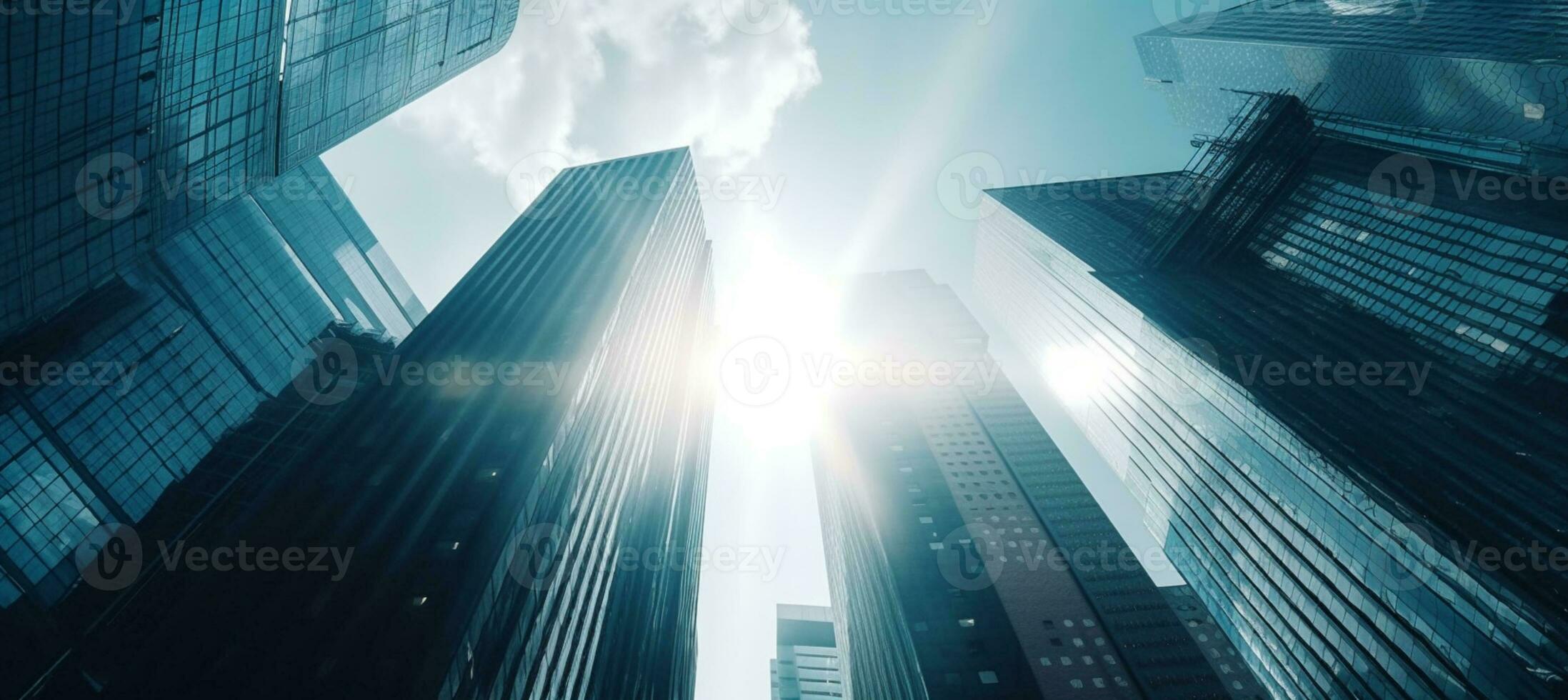 Sonnenstrahlen und städtisch Höhen - - ein Geschäft Welt im Schatten von Blau. generativ ai, foto