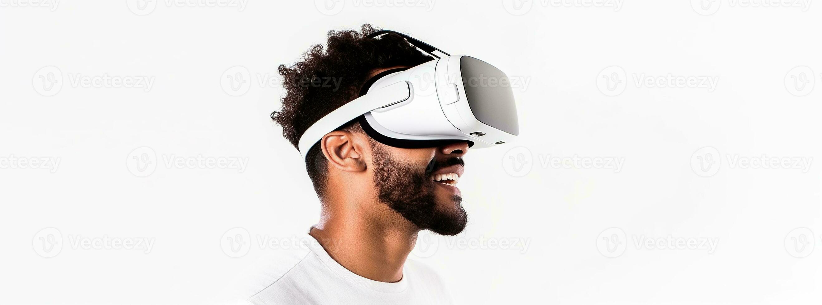 Illustration von ein Person tragen ein virtuell Wirklichkeit vr Headset, ai generiert. foto