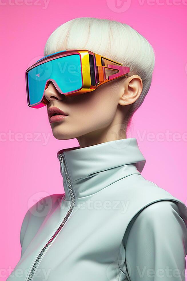 Illustration von ein Mode Porträt tragen ein virtuell Wirklichkeit vr Headset.,, ai generiert. foto