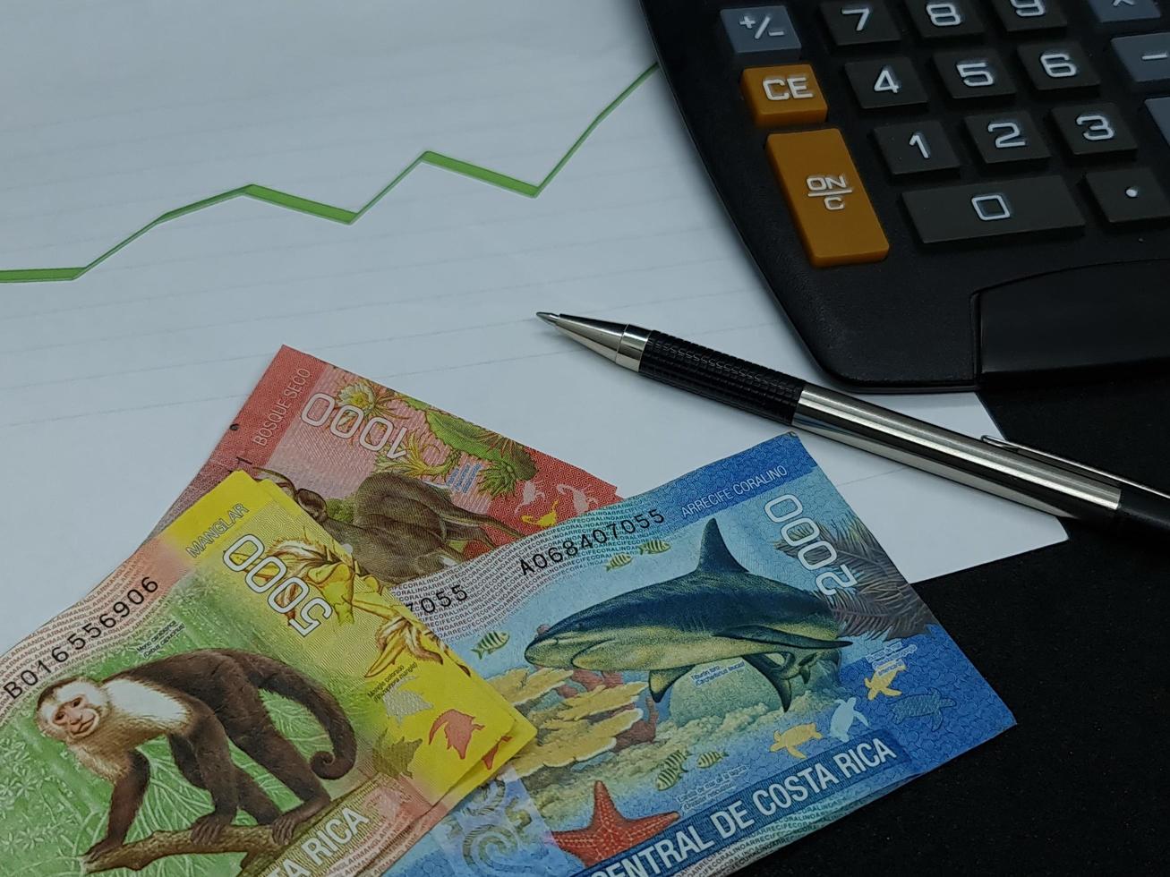 Costa Rica-Banknoten, Stift und Taschenrechner auf dem Hintergrund mit steigender grüner Trendlinie foto