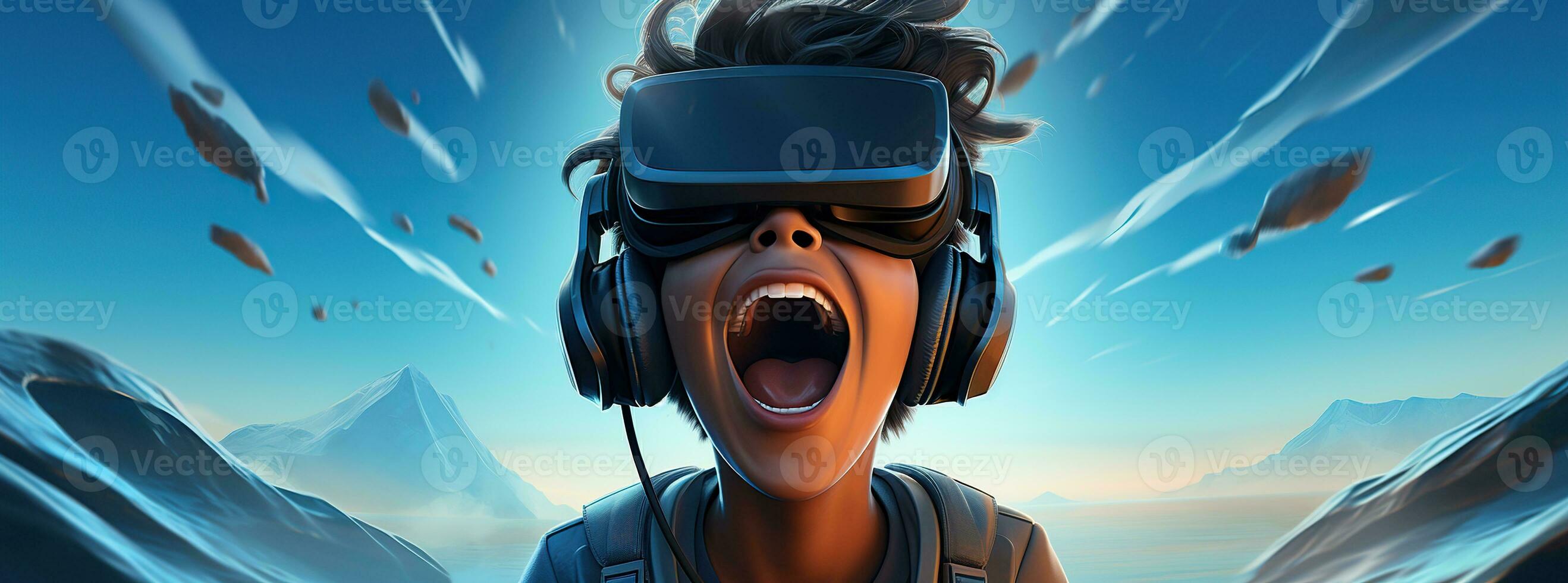 Illustration von ein Person tragen ein virtuell Wirklichkeit vr Headset, ai generiert. foto