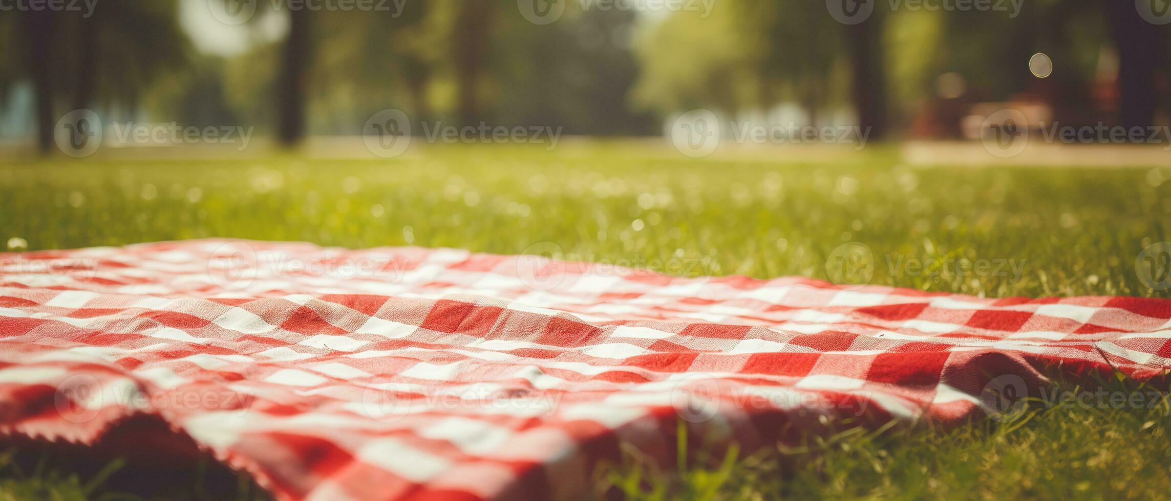 rot und Weiß Plaid Picknick Decke auf oben von ein Grün Feld im sonnig Tag auf Gras von Rasen im Sommer- Park. verschwommen Hintergrund. generativ ai foto