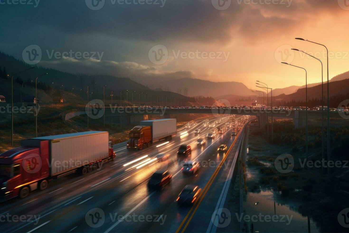 Lastwagen auf das Autobahn. Transport Thema. Straße Autos Thema. generativ ai foto