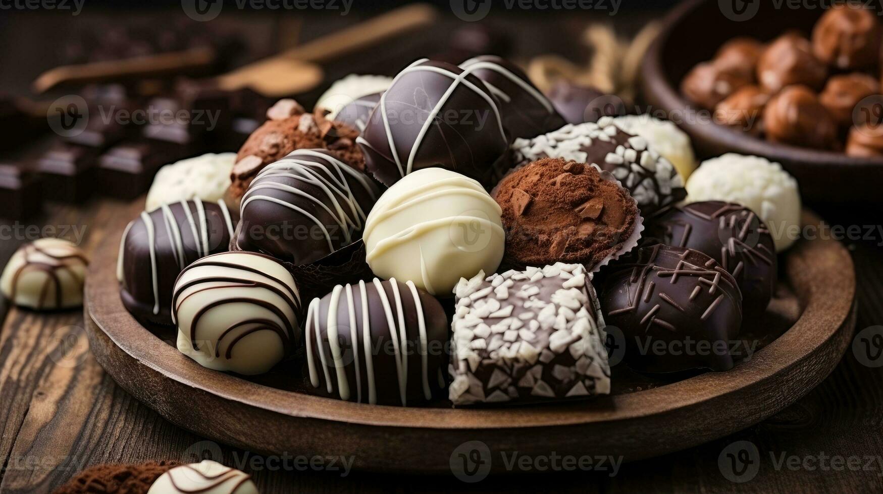 dunkel, Milch und Weiß Schokolade Süßigkeiten ,Pralinen, Trüffel, sortiert auf hölzern Tisch. Dessert zum Valentinstag Tag. foto