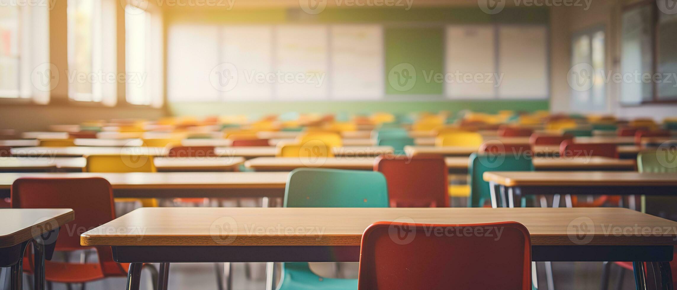 Schule Klassenzimmer im verwischen Hintergrund ohne jung Student. verschwommen Aussicht von elementar Klasse Zimmer Nein Kind oder Lehrer mit Stühle und Tabellen im Campus. zurück zu Schule Konzept. generativ ai foto