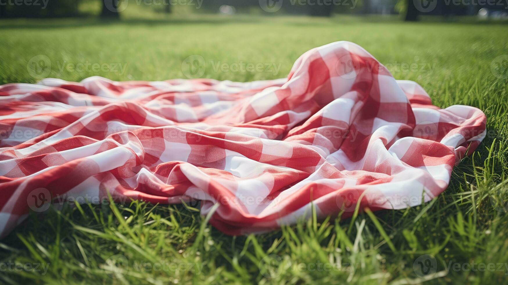 rot und Weiß Plaid Picknick Decke auf oben von ein Grün Feld im sonnig Tag auf Gras von Rasen im Sommer- Park. verschwommen Hintergrund. generativ ai foto