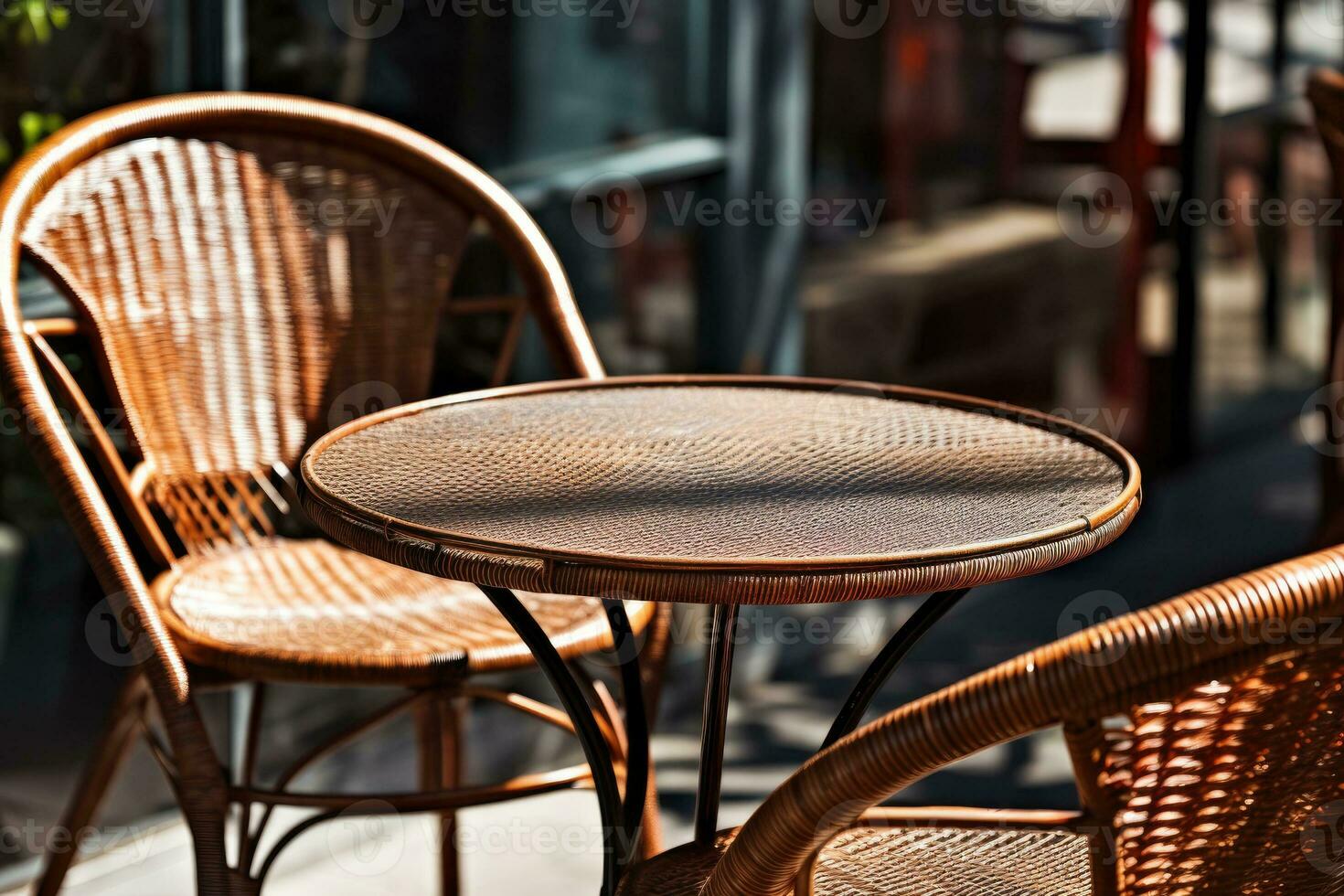 Korbweide Stühle und ein Metall Tabelle im ein draussen Sommer- Cafe foto