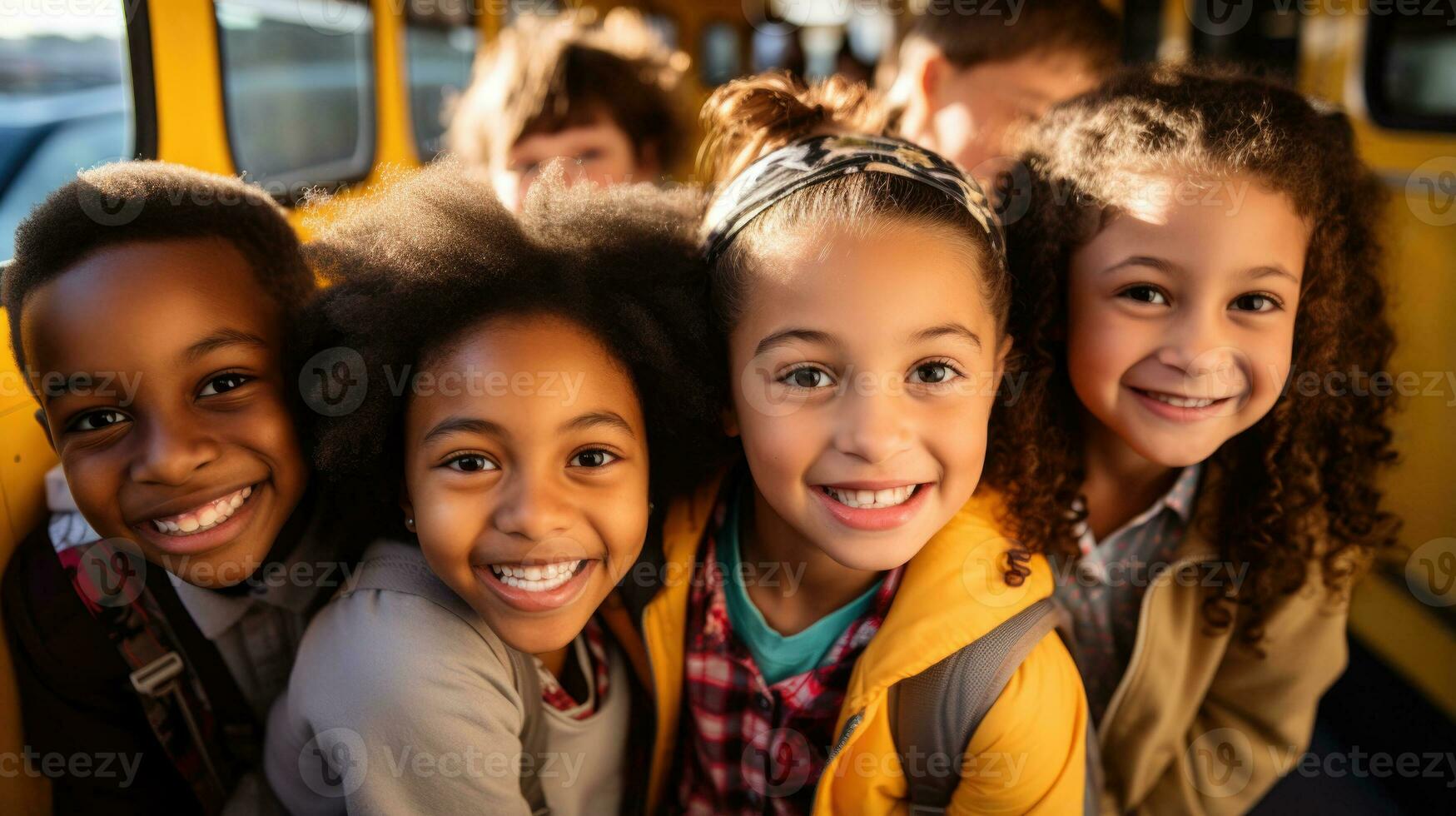 ein Gruppe von Studenten aufgeregt versammeln um ein bunt Schule Bus bereit zu einschiffen auf ihr lehrreich Reise foto