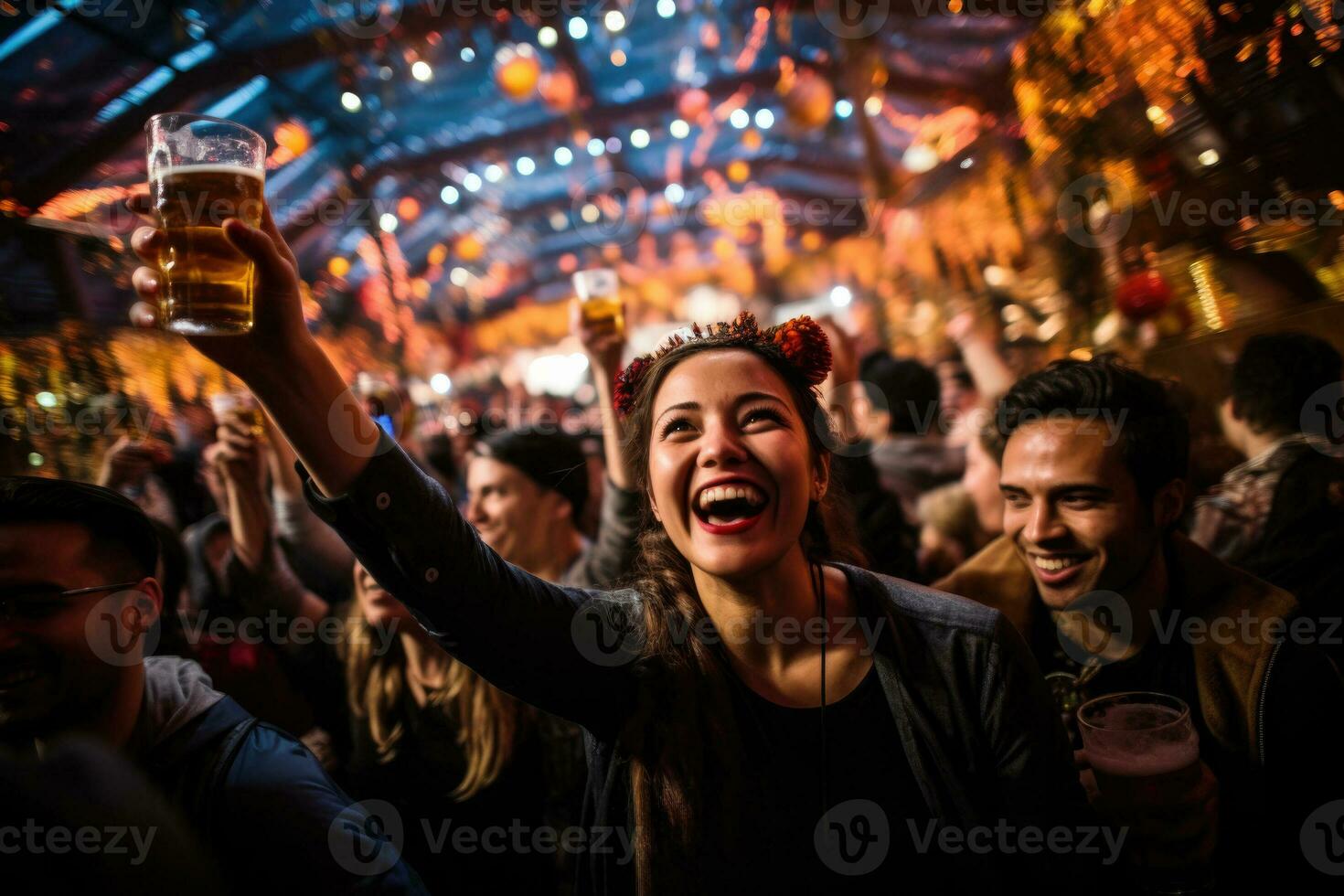 Menschenmassen von Menschen Klirren Bier Krüge inmitten lebhaft Musik- und bunt Dekorationen genießen das festlich Oktoberfest Feierlichkeiten foto