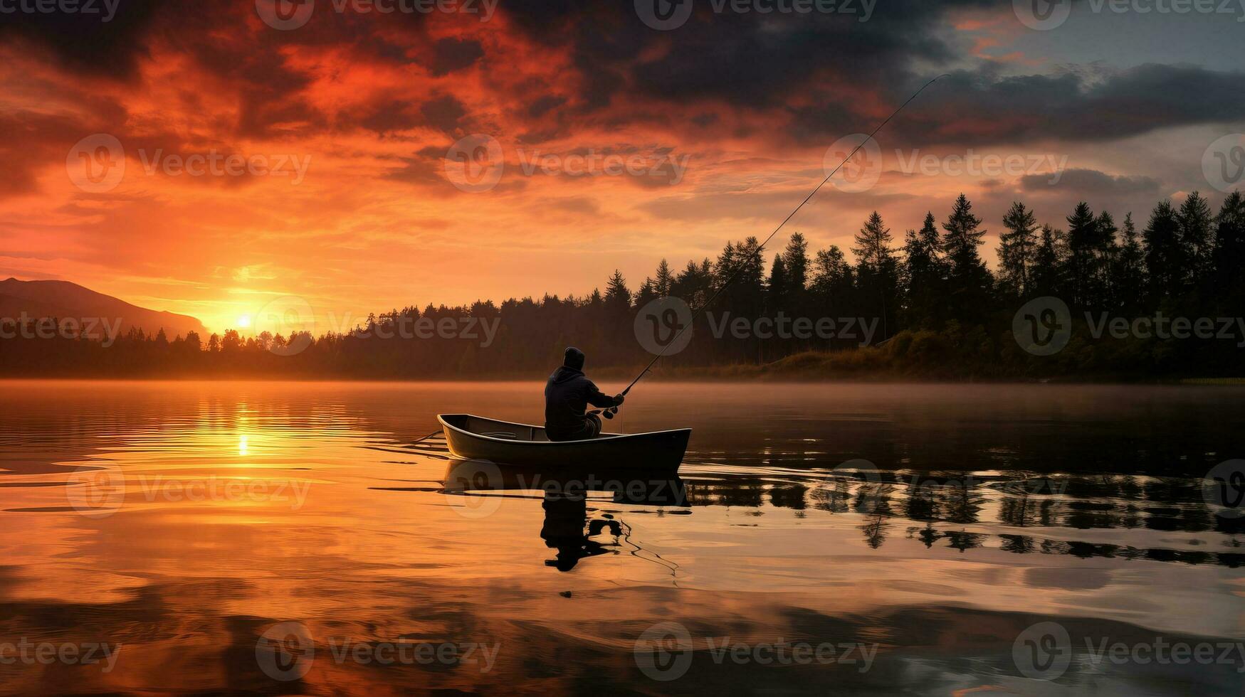 ein heiter Silhouette von ein Fischer Gießen seine Linie in ein beschwingt Sonnenuntergang reflektieren das Schönheit von Herbst auf Ruhe Seen foto