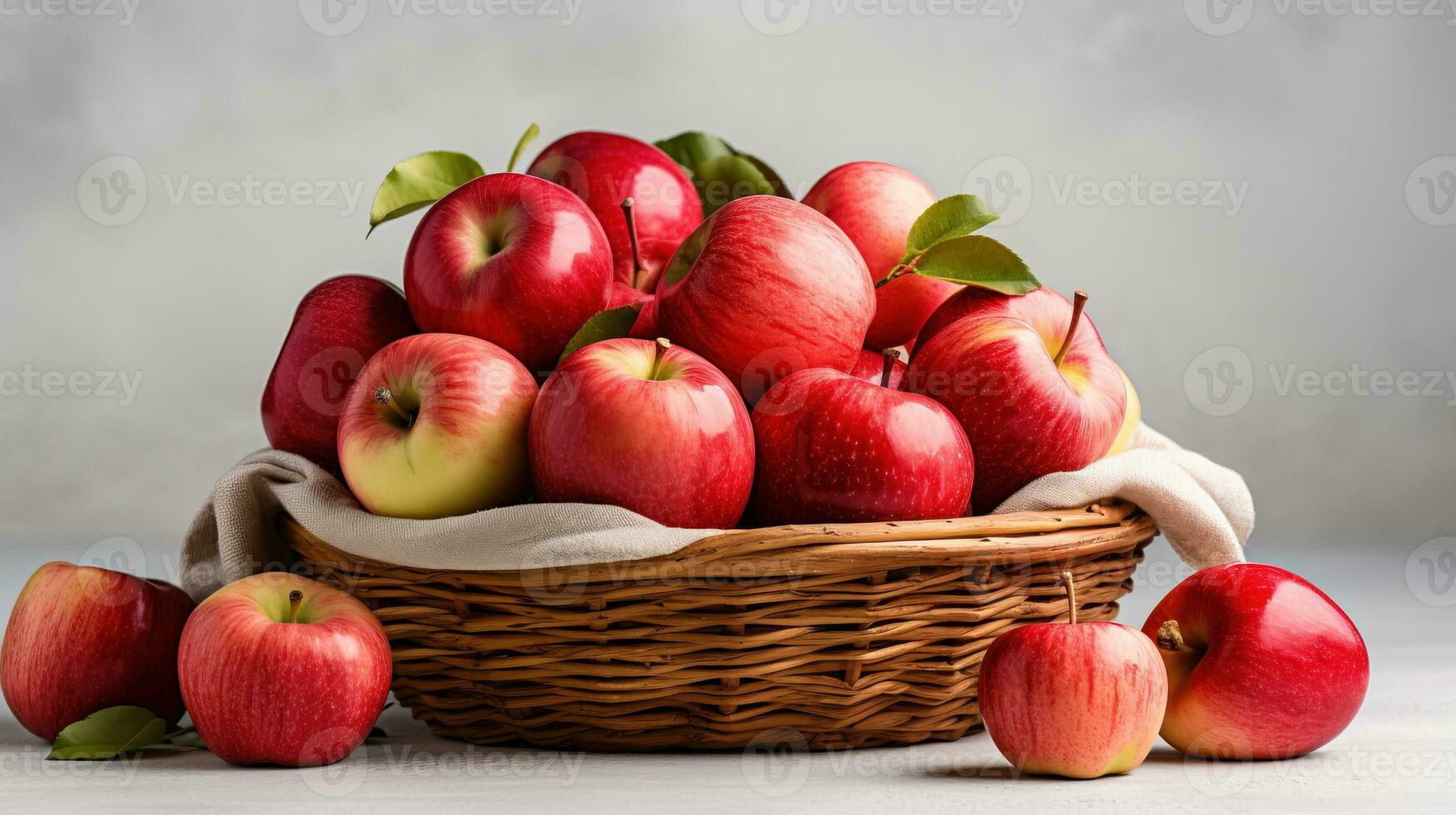 ein Korb gefüllt mit frisch gepflückt Äpfel symbolisieren das reichlich Ernte von Herbst gegen ein minimal Weiß Hintergrund foto