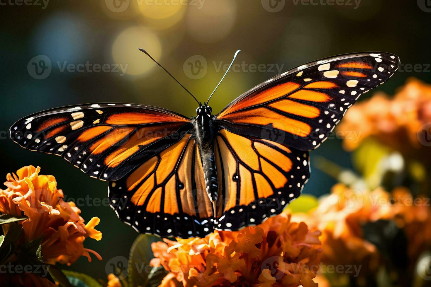 ein Nahansicht von ein zart Monarch Schmetterling im mitten im Flug symbolisieren das ehrfurchtgebietend Magie von ihr jährlich Migration foto