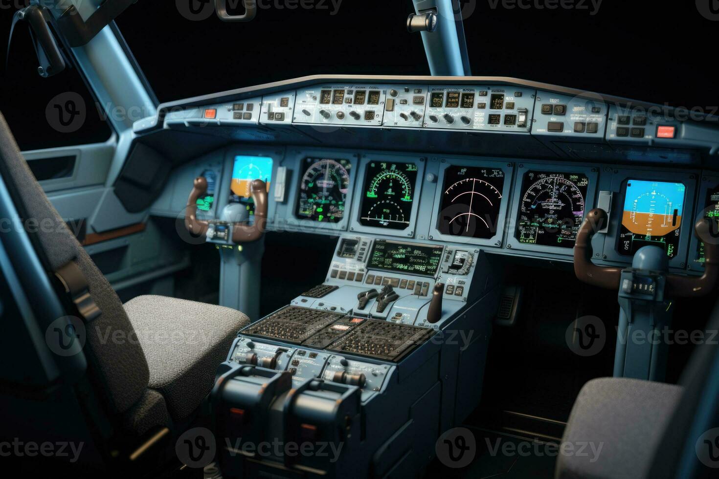 Cockpit von modern bürgerlich Flugzeug. Flugzeug Kabine. generativ ai foto