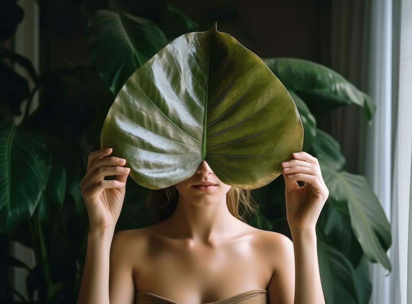 ein jung Frau halten ein groß Blatt hinter ihr Kopf foto