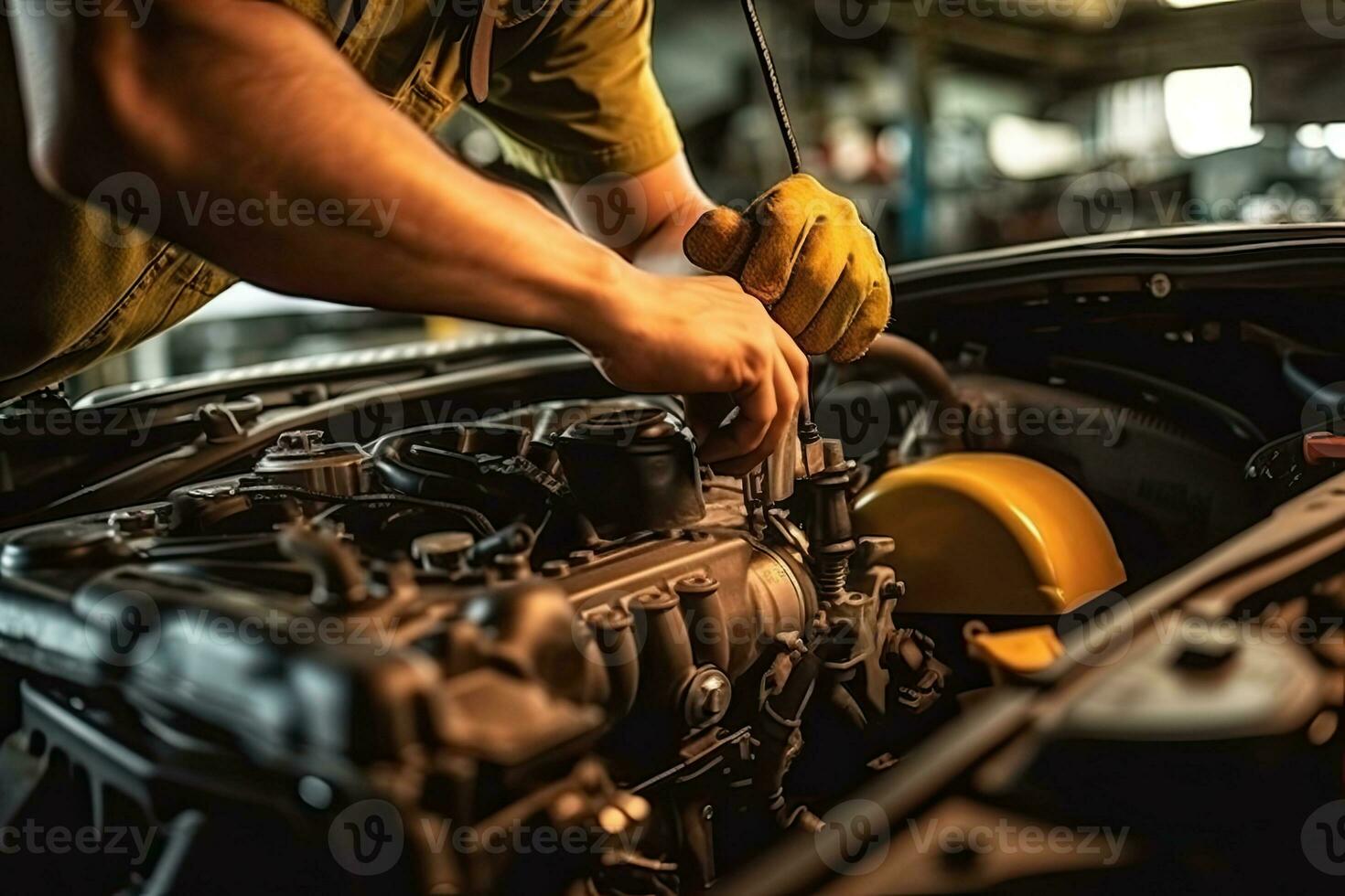 Nahansicht von Mechaniker Hände reparieren Auto Motor im Auto