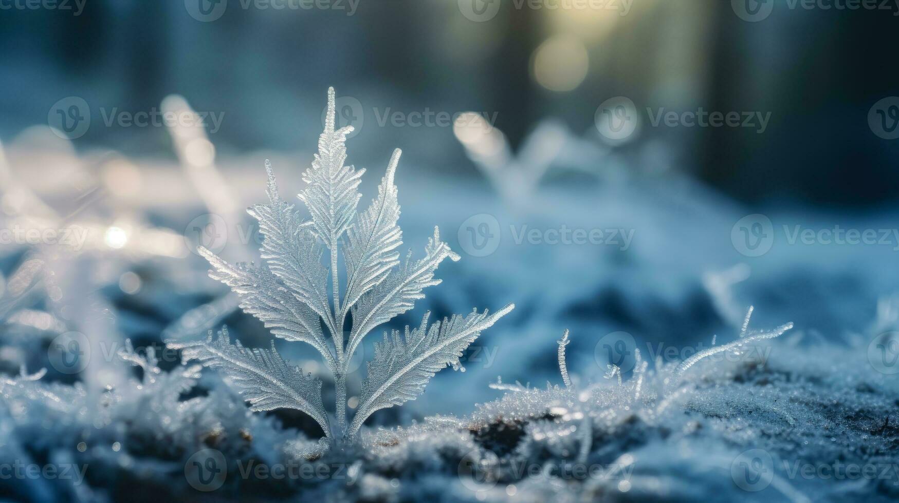 entdecken das Schönheit von Natur im Winter ein Nahansicht von ein gefroren Blatt mit kompliziert Frost Muster ai generativ foto