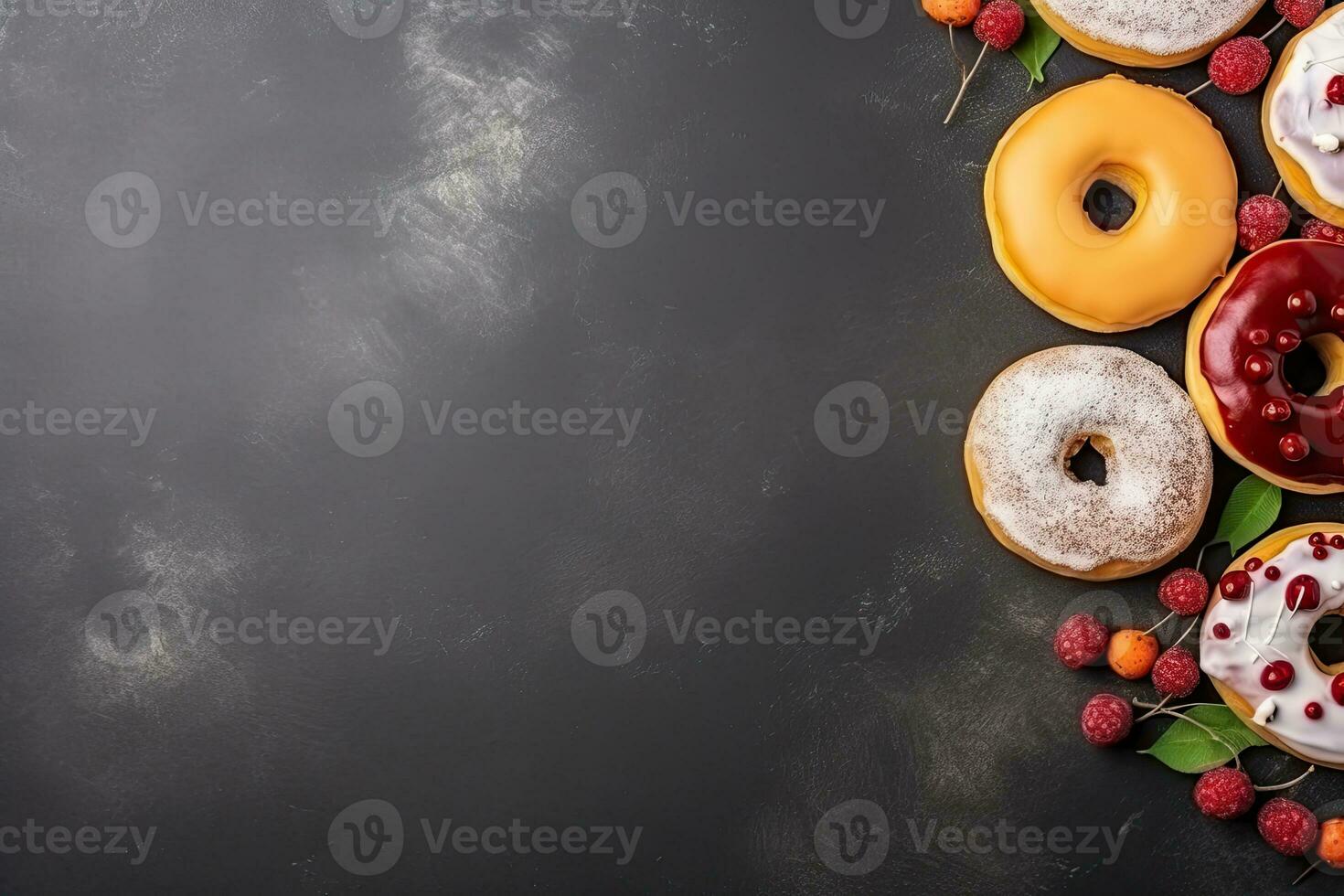 bunt glasiert Donut Hintergrund. oben Aussicht mit Kopieren Raum. generativ ai foto