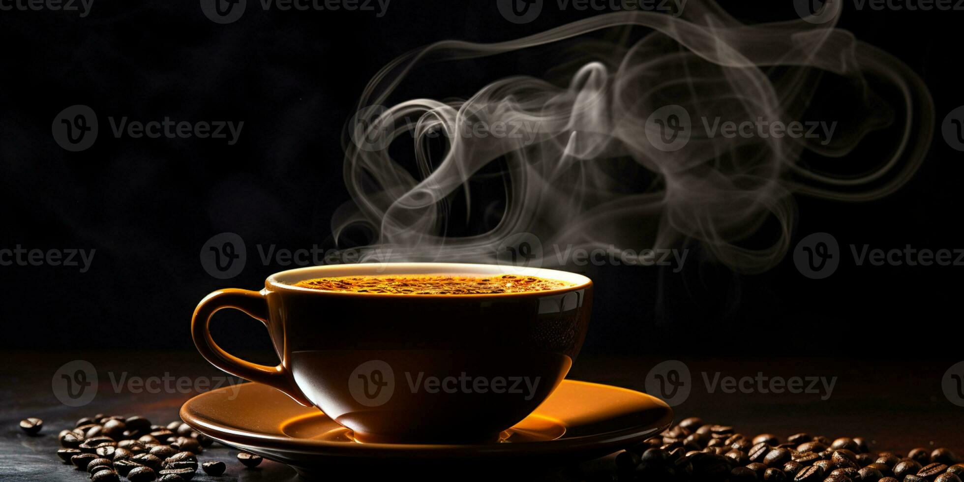 erfrischend Tasse von heiß Kaffee auf ein Tabelle isoliert auf schwarz Hintergrund, Kopieren Raum, gemütlich warm Stimmung, ai generativ foto