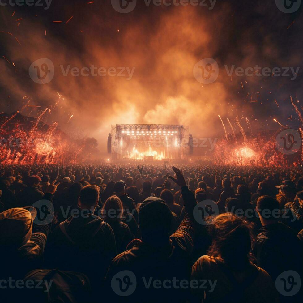 Konzert Menge brüllt mit Aufregung wie Bühne Sprengung mit Feuerwerk, ai generativ foto