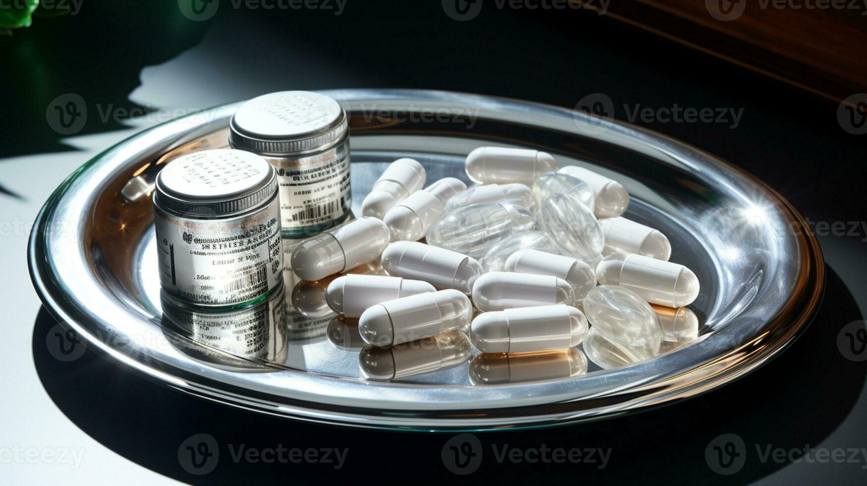 das pharmazeutische Arzneimittel-Medizin Tabletten Kapseln im Silber Tablett. benutzt zum Erleichterung Krankheit, Essen Ergänzung, oben Sicht, ai generativ foto