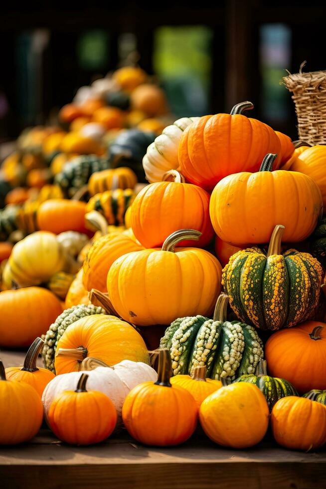ein bunt Anzeige von Kürbisse Äpfel und Kürbisse beim ein Herbst Bauern Markt Hintergrund mit leeren Raum zum Text foto