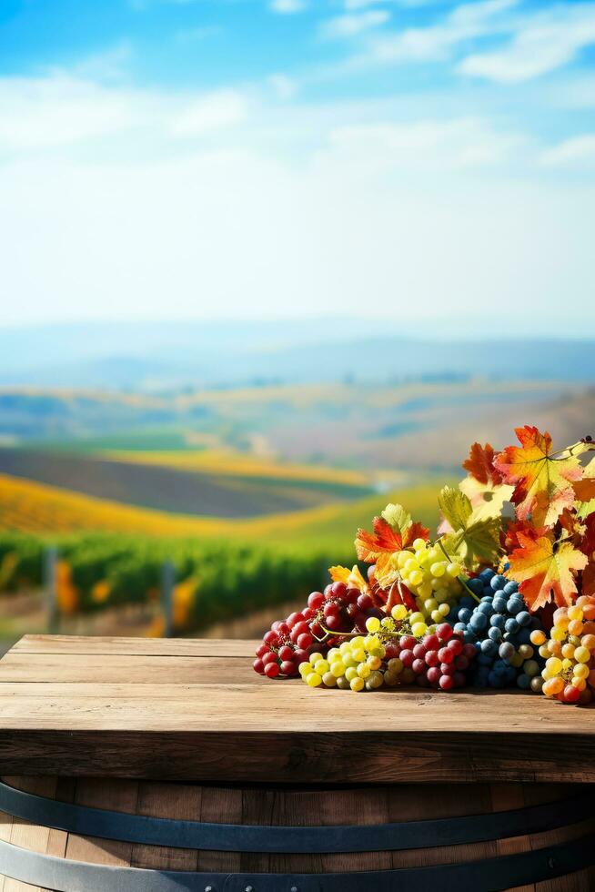 ein malerisch Weinberg mit bunt Herbst Laub ein Wein Fass und ein klar Blau Himmel Hintergrund mit leeren Raum zum Text foto