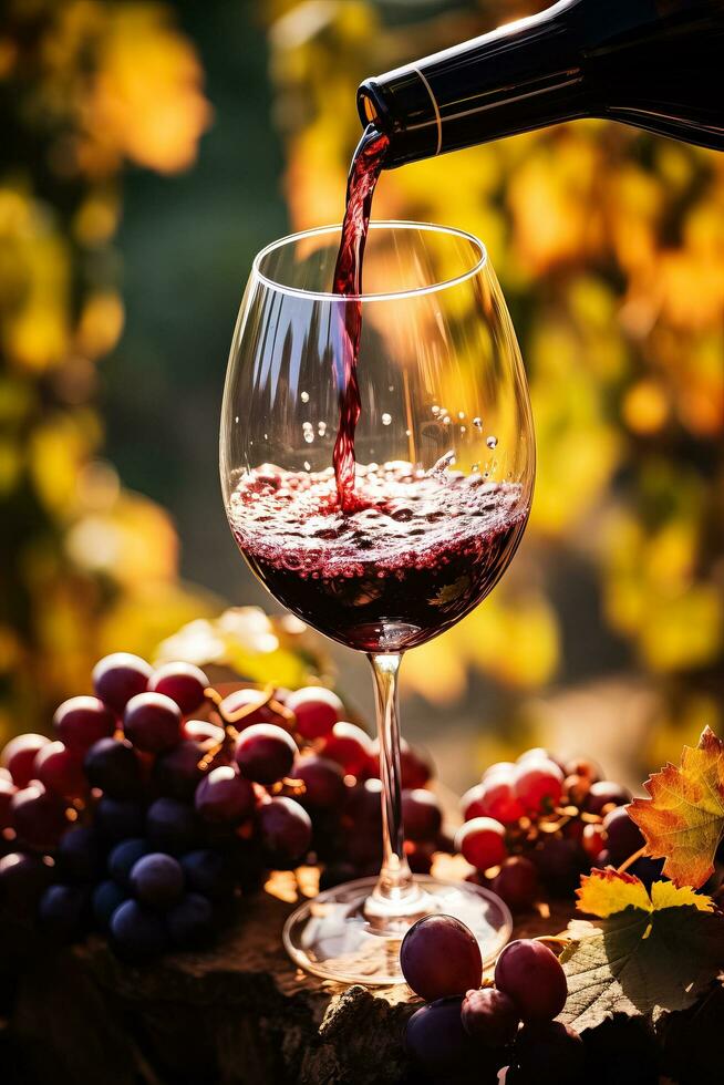 lebendig rot Wein Gießen in ein Glas Erfassen das Wesen von beschwingt Herbst Weinberge und fesselnd Wein Verkostung Veranstaltungen foto