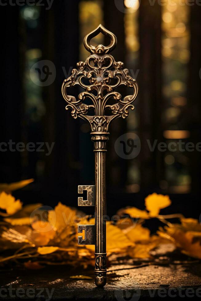 ein Jahrgang Schlüssel mit ein gespenstisch Aura symbolisieren das Eingang zu mysteriös verfolgt Häuser während Oktober foto