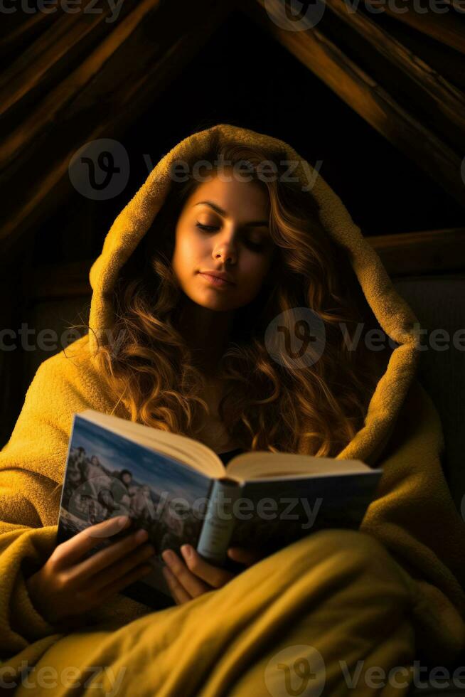 ein jung Frau kuschelt unter ein warm Decke nippen Tee und bekommen hat verloren im das Seiten von ein fesselnd Herbst lesen foto