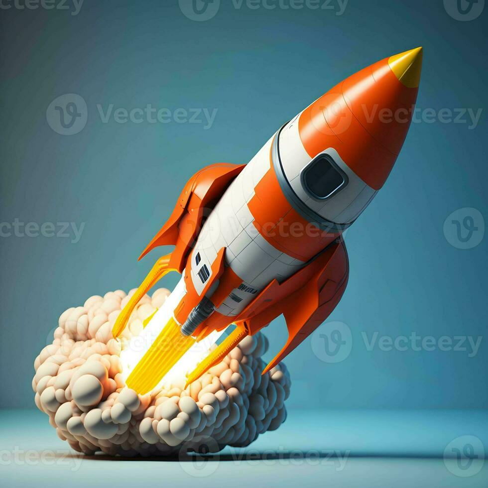 3d Cartoon-Stil minimal Raumschiff Rakete icon.toy Rakete Aufschwung Rauch Anfang Raum Geschäft und Bitcoins werben foto