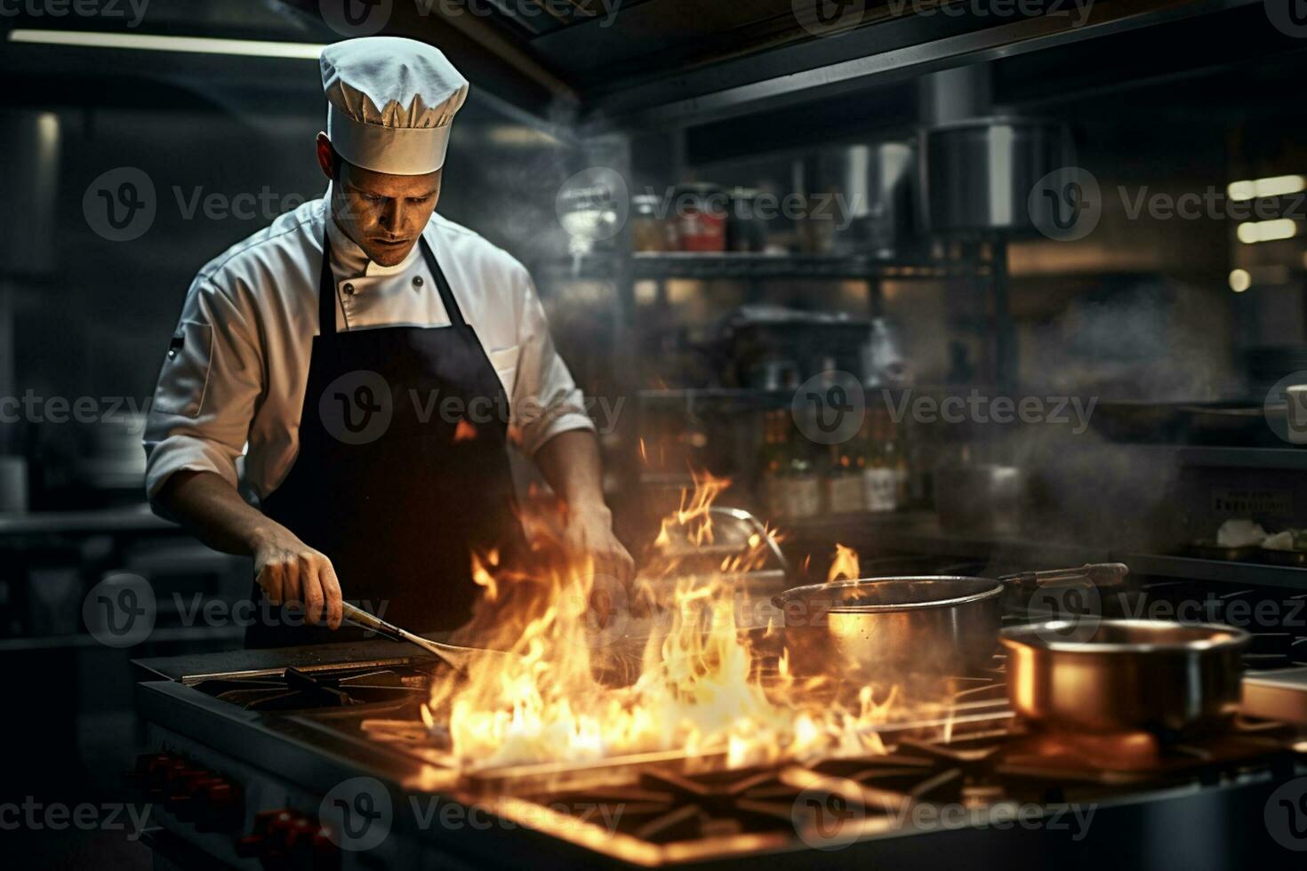 Koch ist Kochen im das Küche mit ein braten schwenken auf Feuer foto