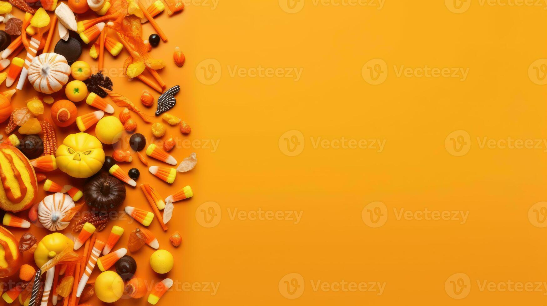 Halloween Süßigkeiten und Kürbisse auf Orange Hintergrund Süss und gespenstisch Thema Beste zum Hintergrund im das Design ai generativ foto