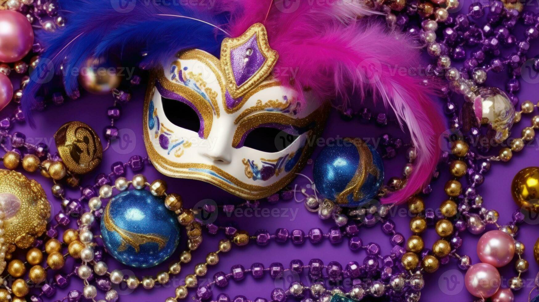 festlich Karneval gras Komposition mit Maske Perlen und fleur de lis auf ein lila Hintergrund ai generativ foto