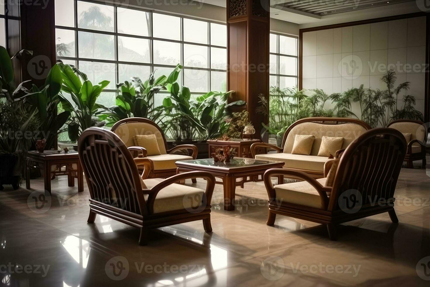 Hotel Empfangshalle mit Chinesisch Stil Möbel professionell Fotografie ai generiert foto