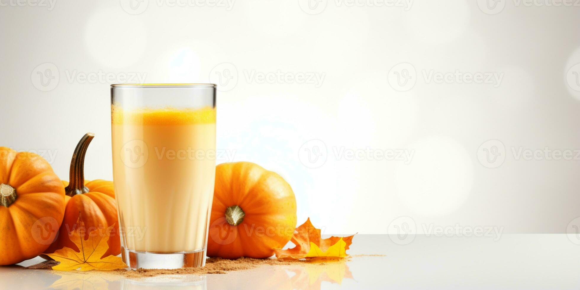 schließen oben von frisch Kürbis Saft mit Früchte auf Tisch, isoliert auf Weiß Hintergrund, ai generiert foto