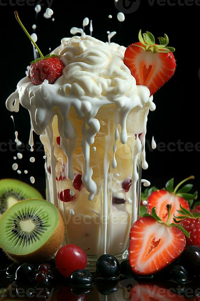 Milchshake im ein klar Glas von Obst im das Hintergrund mit Milch spritzt und Tropfen foto