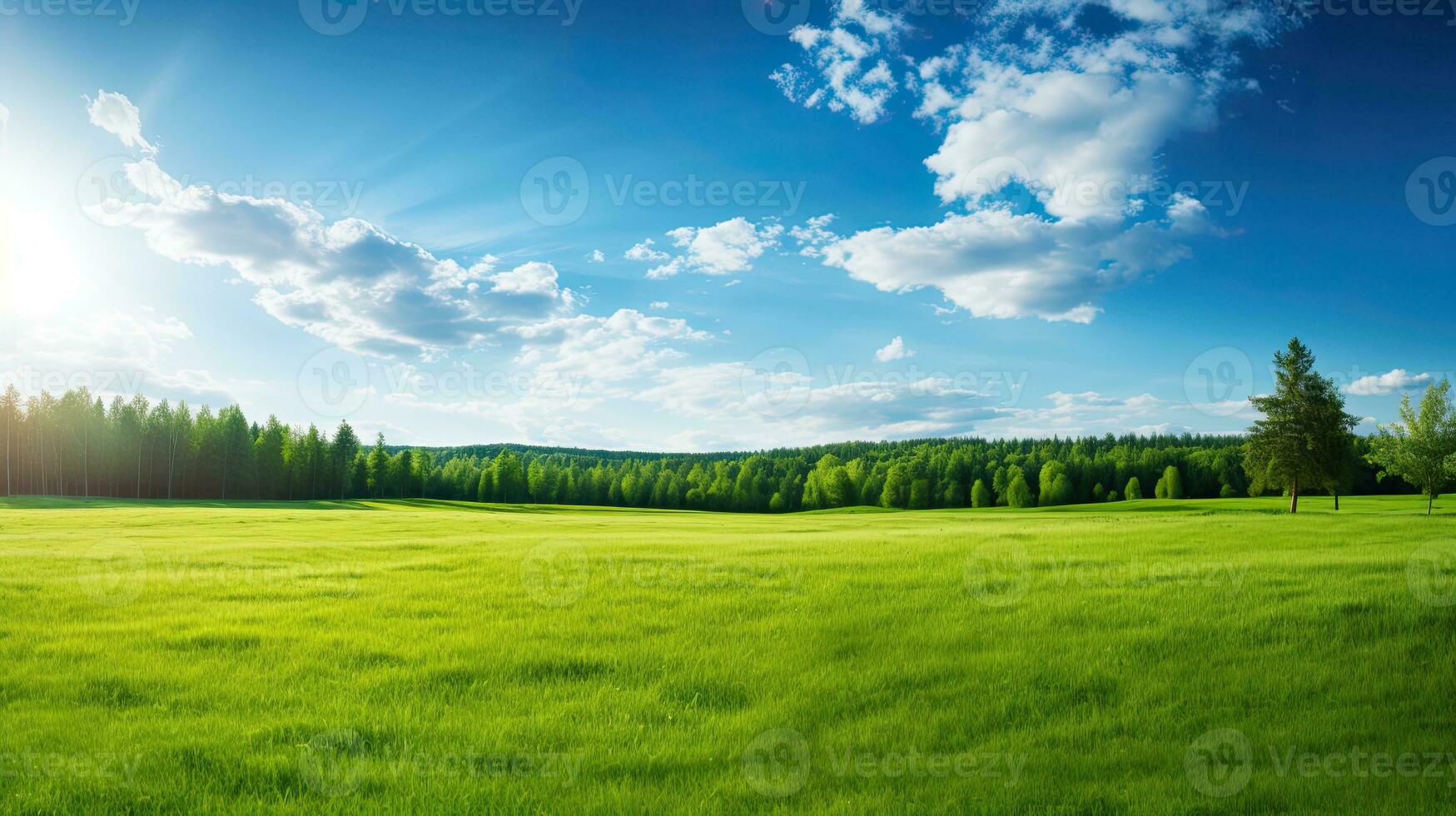 schön Sommer- Landschaft mit Grün Wiese und Blau Himmel mit Wolken. generativ ai foto