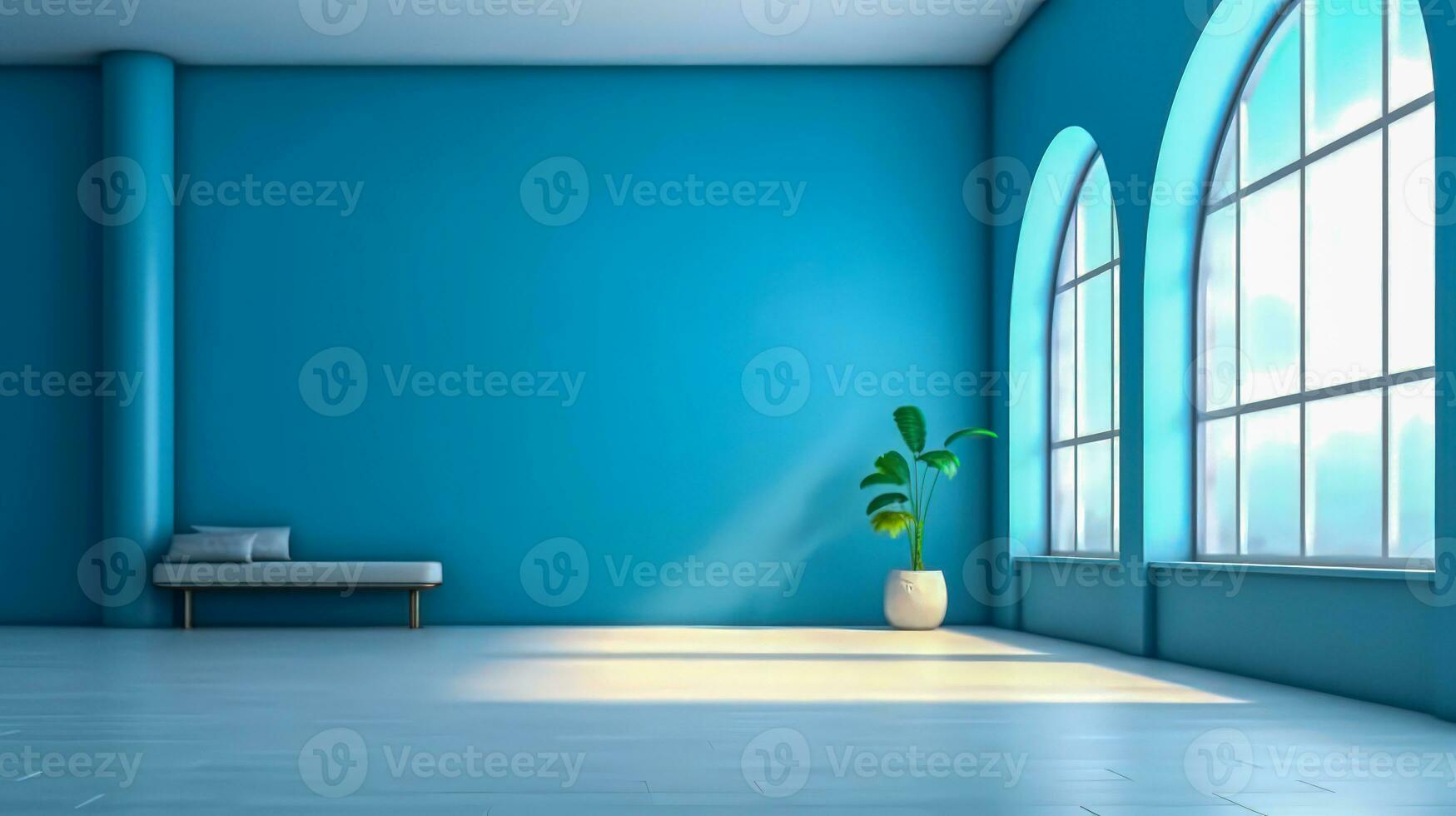 Blau Mauer und gewölbt Fenster im leeren skandinavisch Innere minimalistisch Dachgeschoss mit hölzern Fußboden ai generiert foto