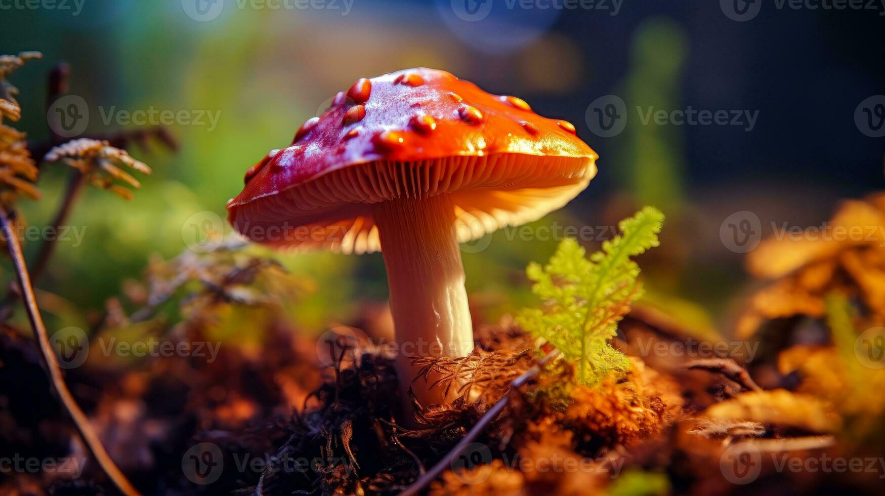 rot und Weiß entdeckt Pilz mit ein wellig Deckel ein Nahansicht von ein fliegen Agaric Pilz ai generativ foto