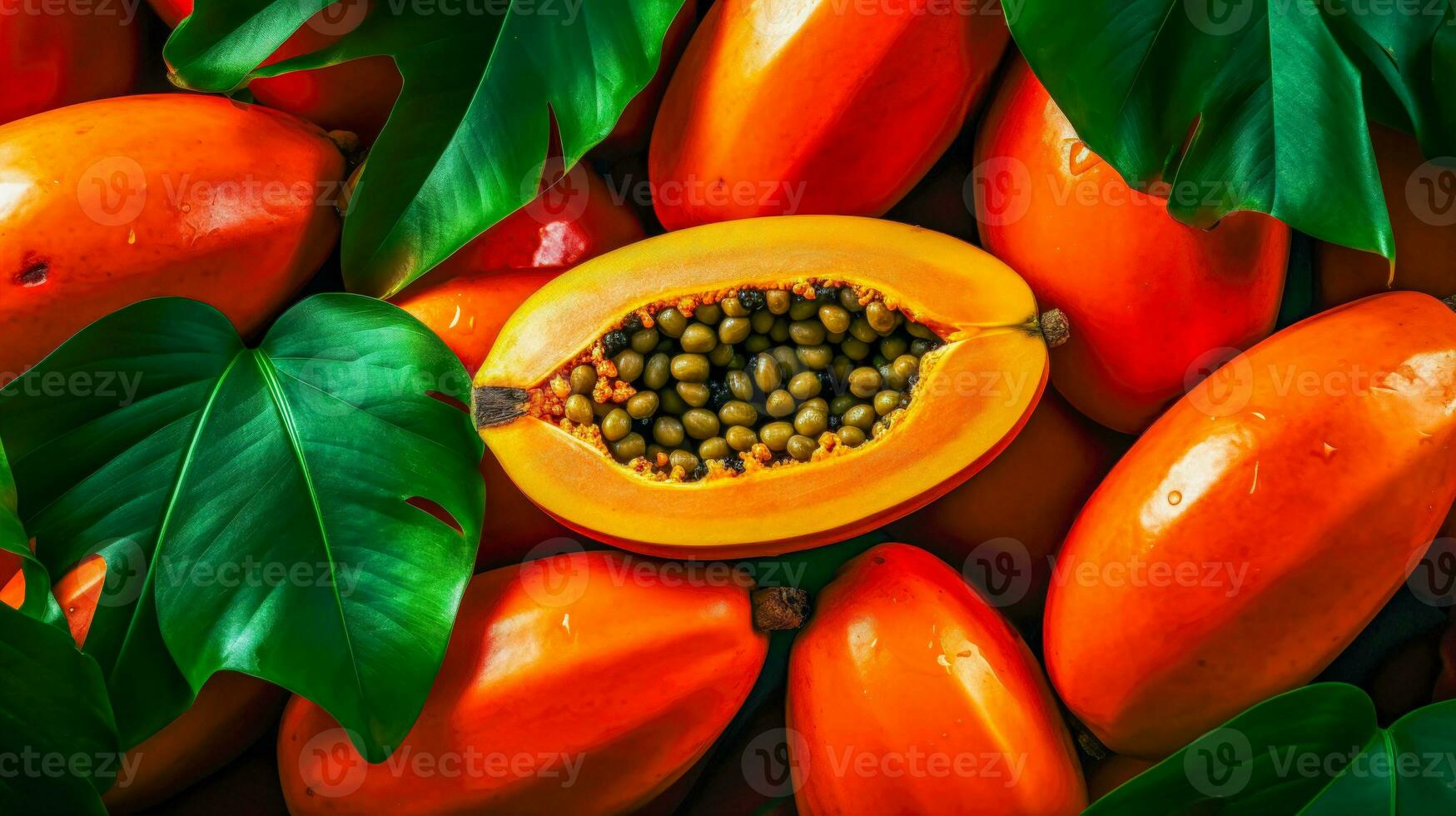 Papayas und Grün Blätter ein gesund und saftig Hintergrund zum Essen Obst oder Vitamin Projekte ai generativ foto