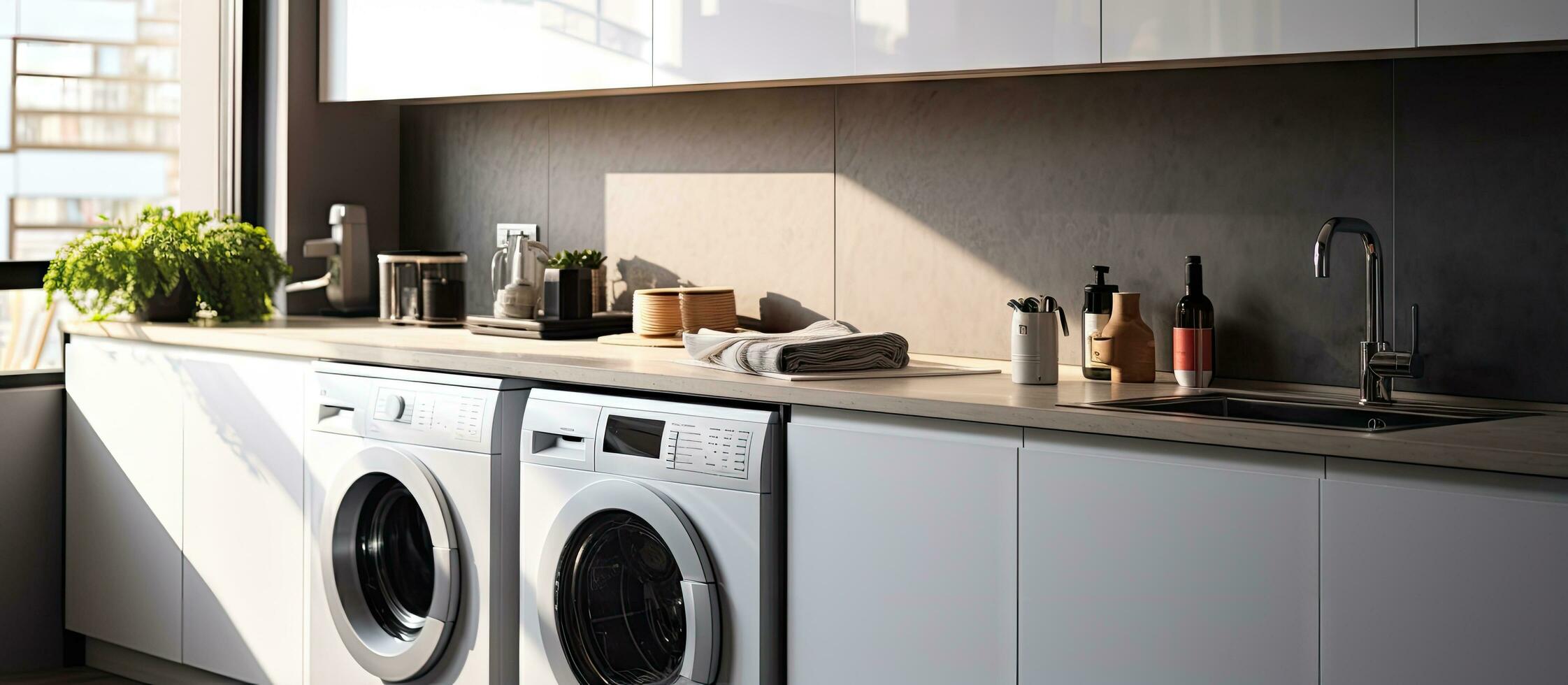 modern Öfen Arbeitsplatte mit sinken Weiß Schränke stilvoll Küche Sonnenlicht zeitgenössisch Wohnung foto