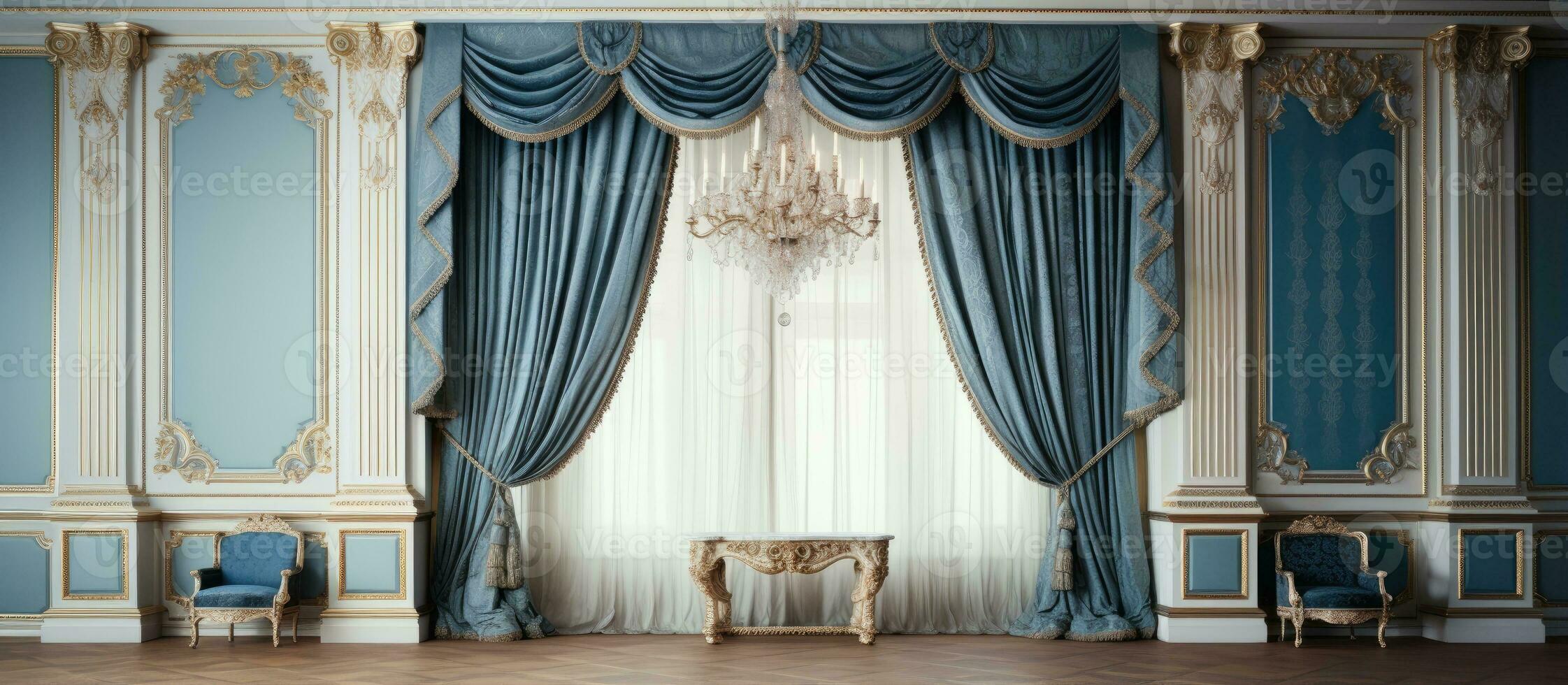 dekorieren das Leben Zimmer mit klassisch Palast Stil Blau Vorhänge und passend Zubehör foto
