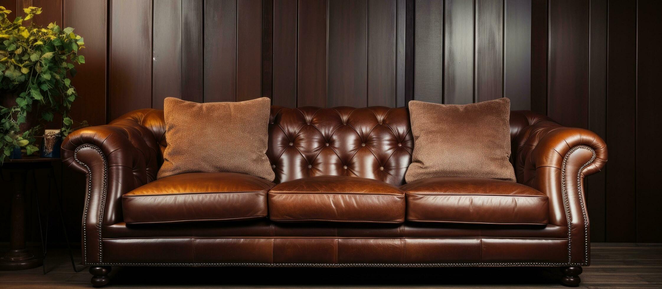 ein getragen braun Leder Sofa im das Wohnung perfekt zum Abwickeln foto