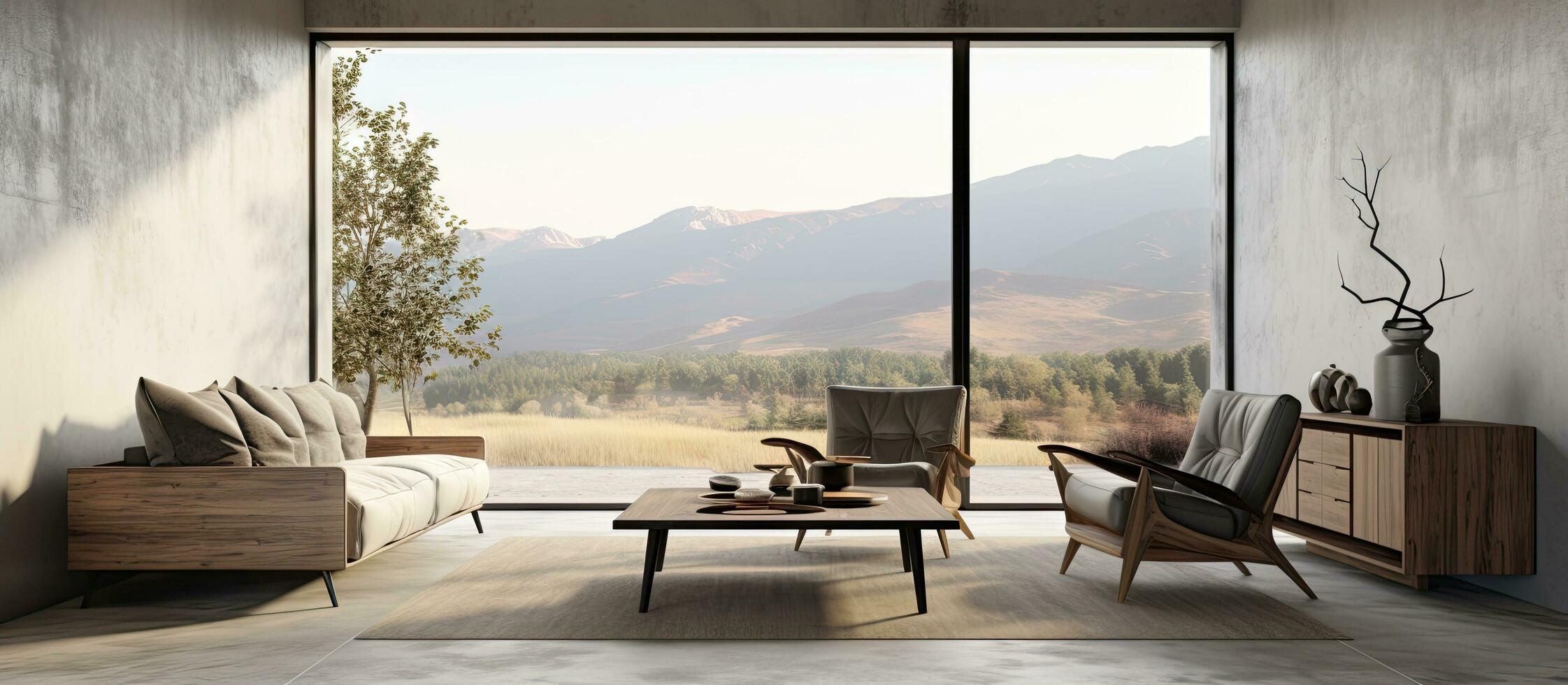 von ein zeitgenössisch gemütlich Raum mit Sessel Anrichte mit Kunstwerk und Kaffee Tabelle auf ein Beton Fußboden Panorama- Landschaft Aussicht von ein groß Fenster foto