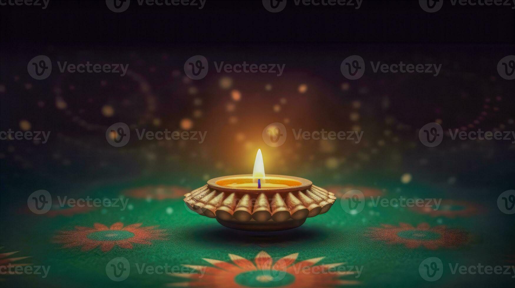 Diya mit Rangoli auf Grün Hintergrund zum Diwali Feier festlich und traditionell Diwali Lampai generativ foto