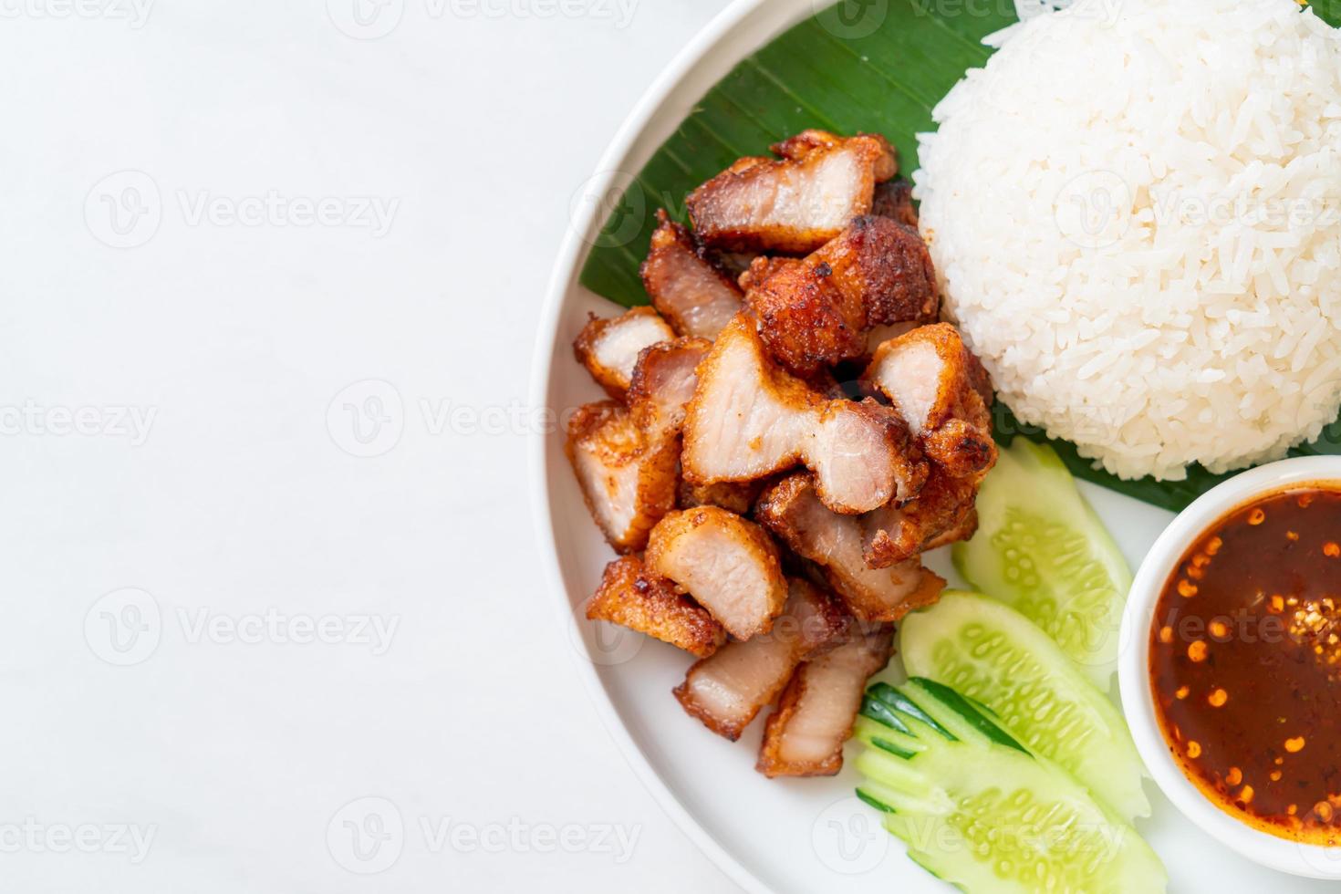 gebratenes Schweinebauchfleisch mit Reis mit pikanter Sauce nach asiatischer Art foto