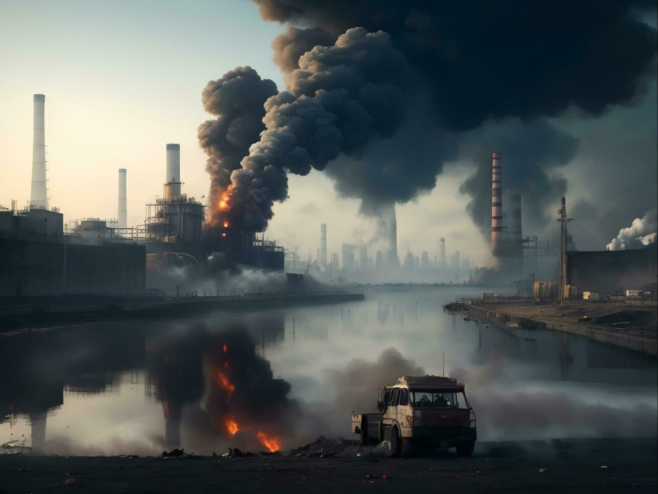 städtisch Verschmutzung und Umwelt Schaden, generativ ai foto