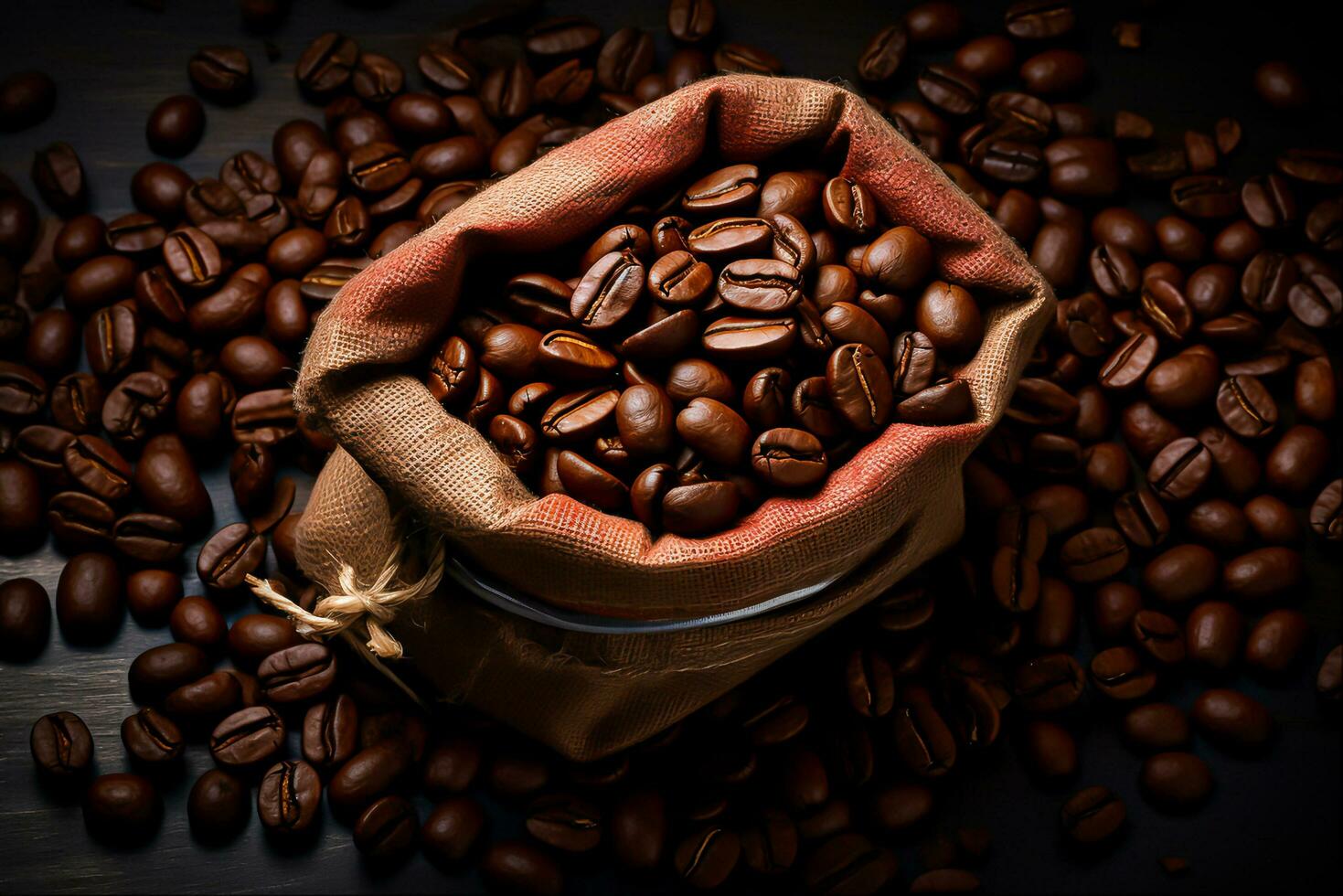 Kaffee Tasche eingewickelt im Kaffee Bohnen, generativ ai foto